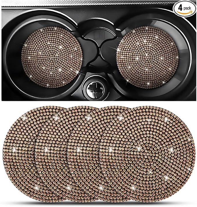 Osilly Bling Car Cup Holder Coaster, Crystal Rhinestone Anti-Slip Insert Coasters, Universal 2.75 Inch Fashion Automotive Cup Mat, Car Interior Accessories Decor Gifts for Women (Golden, 4PCS)