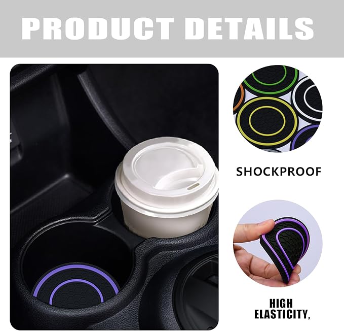 4 Pack Car Coasters for Cup Holder, 2.75 Inch Universal Auto Waterproof Coasters Silicon Insulation Cup Mats,No-Slip Anti Dust Insert Coaster for Woman Man, Suit for Vehicle Interior (Black/Purple)