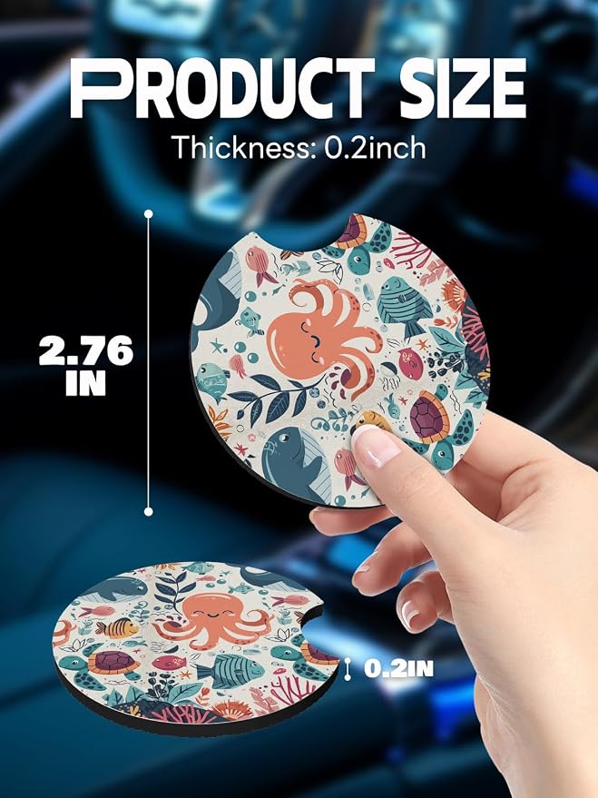 WOCOCN Car Coasters,Cup Holder Coasters for Car,2.75inch Anti Slip and Absorbent,Cute Automotive Interior Accessories for Cup Holder,Pack of 2 (Octopus)