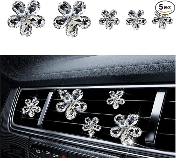 5PCS Bling Flower Car Air Vent Clips, Crystal Rhinestone Vehicle Air Conditioning Outlet Clip, Diamond Automotive Interior Decoration Charm, Universal for Automobile RV Truck (White)