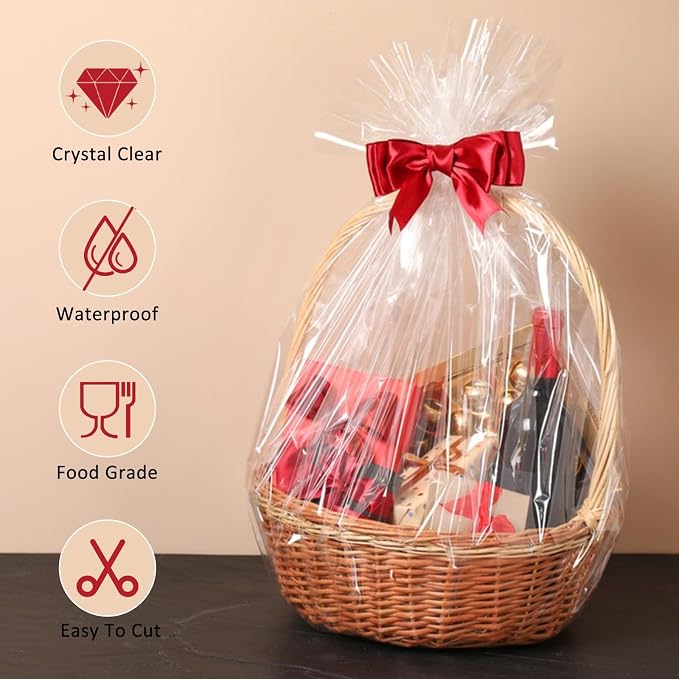 Mauproy 34 In x 100 Ft Clear Cellophane Wrap Roll | 34" Fold into 17", Extra Wide, 2.6 Mil Thick Transparent Wrapping Paper for Baskets, Flower Bouquets