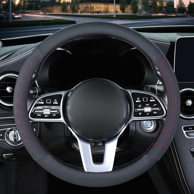 3D Slim Soft 15 inch Leather Steering Wheel Cover Black with Red | Breathable Anti-Slip Premium Skin-Feel Perforated Thin Nappa Leather, Universal 14.5 inch to 15 inch