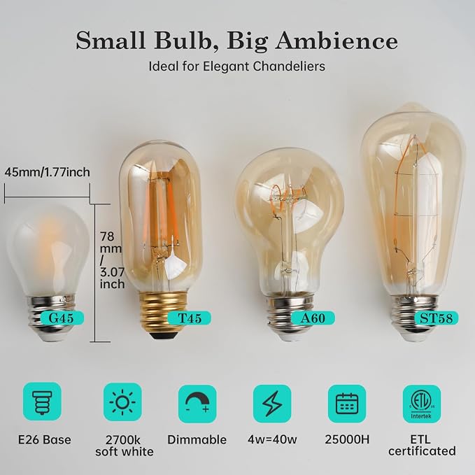 Vintage LED Edison Short Small Bulbs G45 Frosted,40W E26 2700K Dimmable 12P | 2700K Soft White Frosted E26 G45 LED Edison Bulbs,4W Replaces 40W,Dimmable for Ceiling Fans,Vanity & Table Lamps 12pack