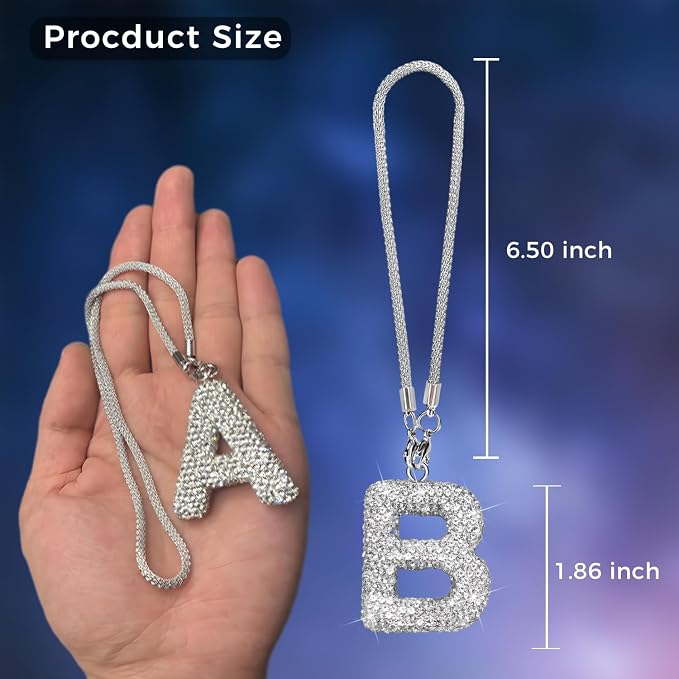 Bling Car Accessories for Women Letter Charm, Rear View Mirror Ornament Cute Hanging Crystal Pendant Girl Car Decorations, Lucky Diamond Rhinestone Girly Charm Interior (White B)