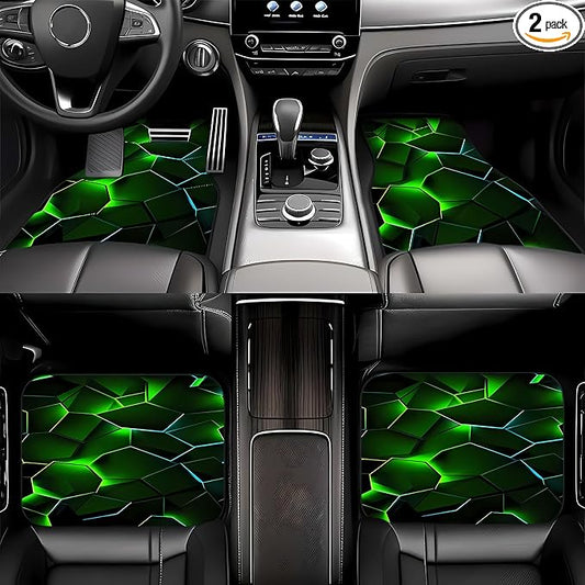 Universal Fit Car Floor Mats Set of 4Pcs, Green Honeycomb Print All-Weather Front Rear Car Carpet Mats, Non-Slip Car Floor Mat Car Accessories for Automotive Trucks SUV Sedans Vans