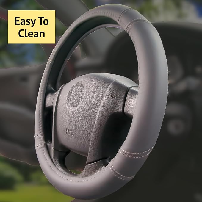 Steering Wheel Cover, Gray, Real Genuine Leather, 15 inch, for Men and Women, Universal, Stretch On, Heat Resistant, Stays Cool, Non-Slip, HANWOLF