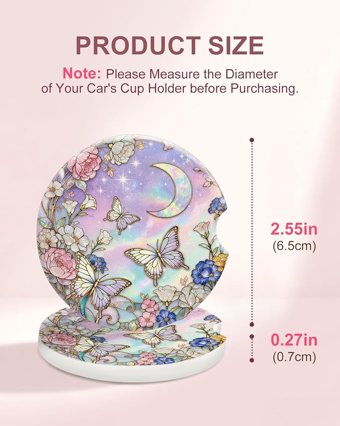 Swooflia 2 Pack Absorbent Ceramic Car Coasters for Women - 2.55 Inch Butterfly Moon Flower Purple Car Cup Holder Coasters with Cork Base, Funny Car Accessories, New Driver Gifts
