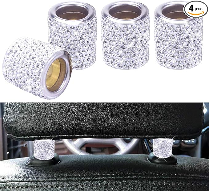 Car Headrest Head Rest Collars Rings Decor Bling Bling Crystal Diamond Ice Stainless Steel Car Decorations for Car SUV Truck Interior Decoration Blings 4 Pack White
