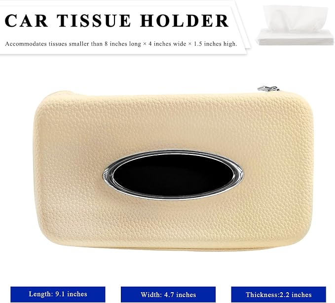 Car Tissue Holder, Microfiber Leather Auto Sun Visor Napkin Box with Zipper & Hooks, Universal Backseat Tissue Dispenser Case Visor Napkin Holder for Sedans Trucks SUVs (Beige)