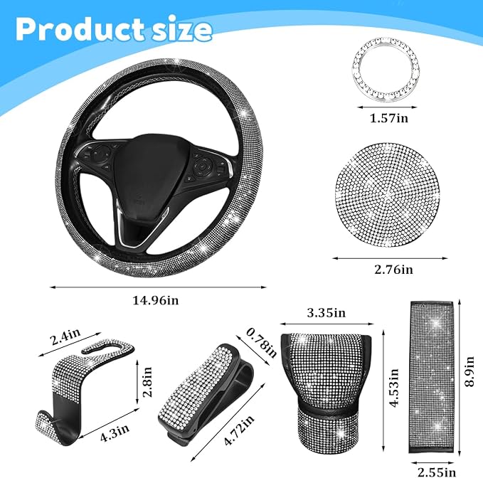 8PCS Bling Car Accessories Set, Sparkly Rhinestone Vehicle Steering Wheel Seat Belt Gear Shift Start Stop Button Cover, Diamond Auto Cup Holder Coaster Decoration, Universal Fit (White)
