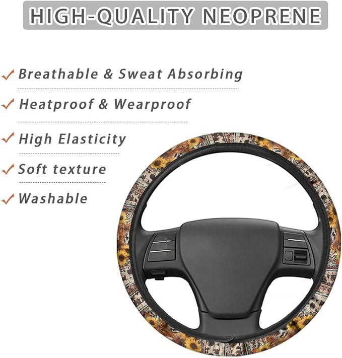 Wanyint Aztec Highland Cow Cowboy Sunflower Car Steering Wheel Cover Universal 15 Inch Auto Accessories Car Interior Decoration for Women Men Fit Cars SUV Sedan Vans Trucks