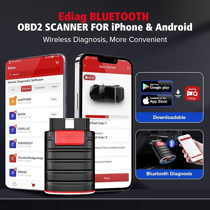 KINGBOLEN Ediag OBD2 Scanner Bluetooth, Full System Bidirectional Scan Tool | All Software 1 Year Update For iOS & Android, Active Test Code Reader with ECU Function, 15+ Reset Service, FCA AutoAuth