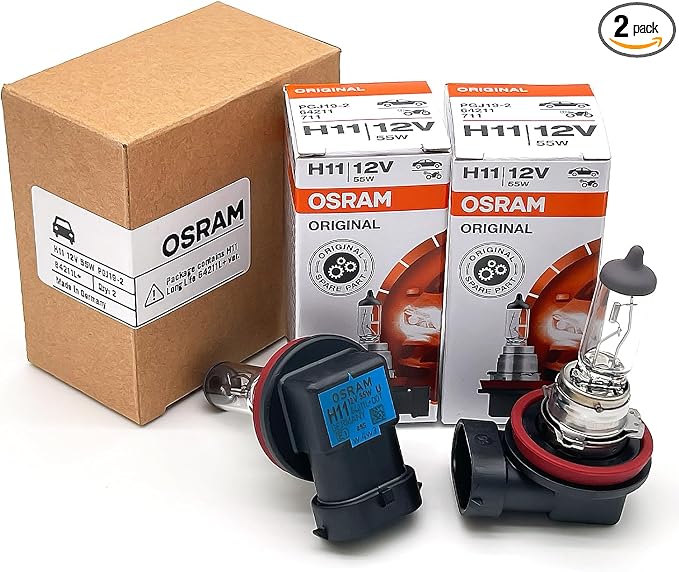 OSRAM H11 OEM Original Standard Halogen Headlight Bulbs 12V 55W 64211L+ (Long Life) Made in Germany | Pack of 2 | Long Life, 3200K, 12V, 55W, PGJ19-2 Base, Made in Germany