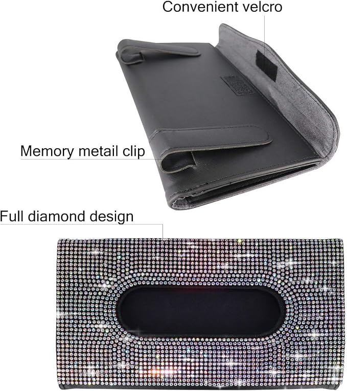 Car Sun Visor Mask Box Holder Leather Sparkling Bling Bling Multicolor Crystals Mask Cover Case & Glitter Mask Hook Clip for Women（AB Color）
