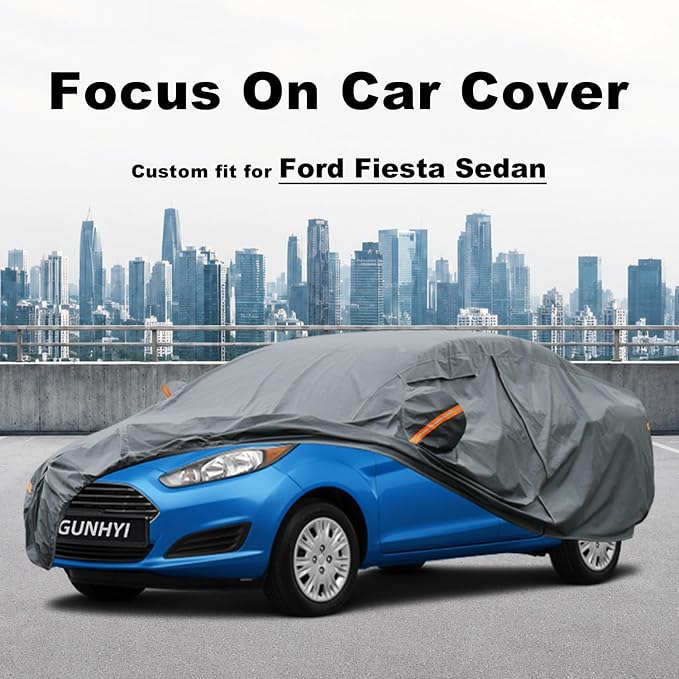 GUNHYI Premium Car Cover Custom Fit Ford Fiesta Sedan, 16 Layers Heavy Duty Car Cover Waterproof All Weather with Zipper Door for Sun Rain Snow Dust Uv Protection