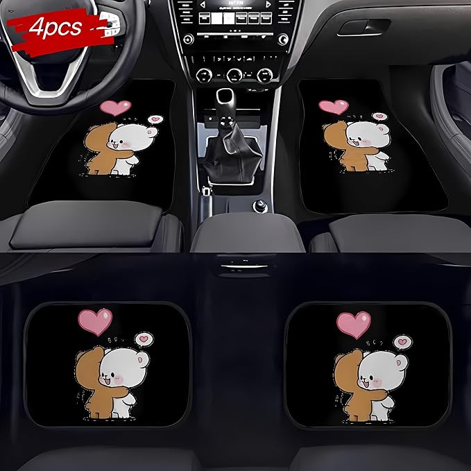 Universal Fit Car Floor Mats Set of 4Pcs, Cute Panda Couple All-Weather Front Rear Car Carpet Mats, Non-Slip Car Floor Mat Car Accessories for Automotive Trucks SUV Sedans Vans