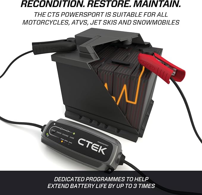 CTEK CT5, 12V Automotive Battery Charger for Auto, Motorcycle, ATV, Snowmobile - Battery Trickle Charger and Battery Maintainer - Charges Lead-Acid and Lithium Ion (12V LiFePO4) Batteries