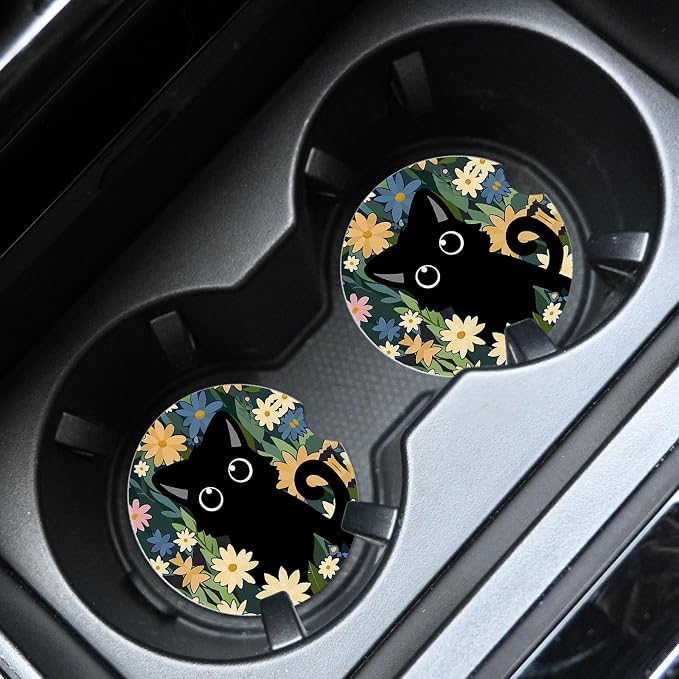 2pcs Cute Black Cat Car Coasters,Absorbent Universal neoprener Cup Holder Coasters with a Finger Notch,Car Accessories for Women&Man Interior，2.75" 2