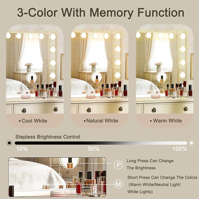 Ratsamee Hollywood Vanity Mirror with Lights, 23" x 18", 15 Dimmable Bulbs, 3 Color Lights, Make Up Lighted Mirror, USB Charging Port, Gifts for Women Wife Teengirls White
