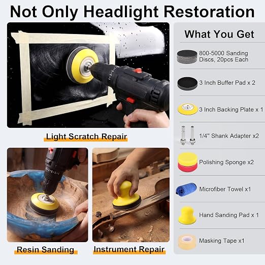 3 Inch Wet Dry Headlight Restoration Kit, Drill Sanding & Polishing Attachment with 800-5000 Grit Sandpaper Discs, 1/4 Shanks, Foam Pads, 3.5'' Face Buffing Polishing Pads, Masking Tape