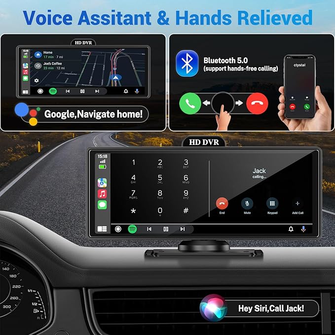 10.26" Wireless Apple Carplay Screen for Car with 4K Dash Cam | Apple Carplay & Android Auto, Touchscren with 1080p Backup Camera, Mirror Link/Voice Control/Music Play/GPS Navigation