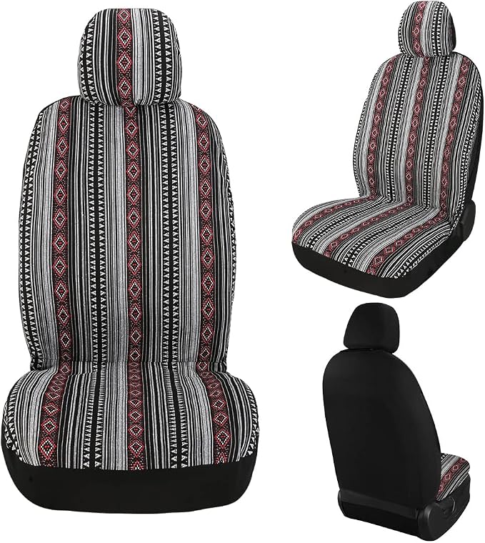 Baja Saddle Blanket Car Seat Covers 4PCS Front, Breathable Washable Striped Woven Automotive Vehicle Seat Cover, Universal Boho Seat Cover for Sedan, SUV, Truck, Airbag Compatible