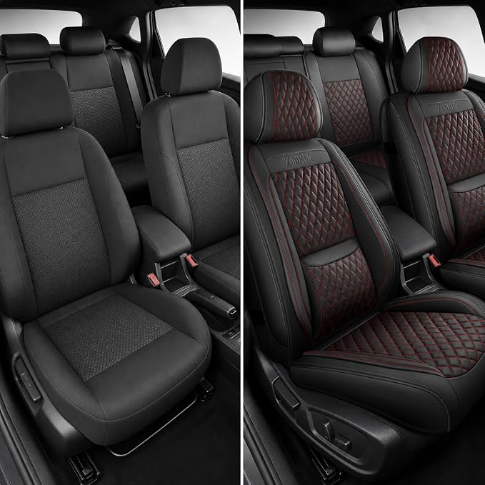 Black and Red Nappa Leather Contoured Automotive Car Seat Covers Full Set | Univerasal Precision Fit,Lumbar Support,3D Contoured,Semi Coverage,Waterproof,ThickTexture,for most Suvs Trucks Sedans