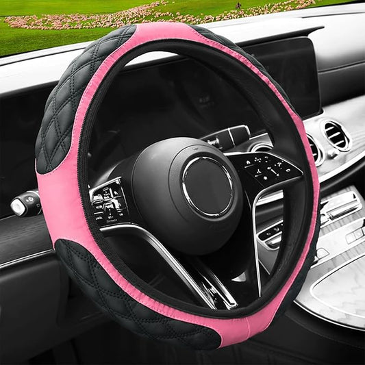 15 Inch Leather Steering Wheel Cover, Automotive Accessories Breathable Anti-Slip Elastic Soft Wheel Protector, Fit for Most SUVs Trucks and RVs (Pink)