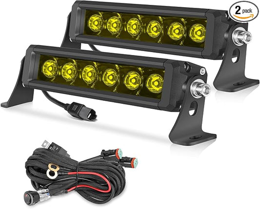 OFFROADTOWN 8inch 120W 2pcs LED Light Bar Amber Single Row Fog Lights LED Pods Slim Offroad Driving Lights Yellow Spot Bumper Light with Wiring Harness for Truck ATV UTV Jeep Motorcycle