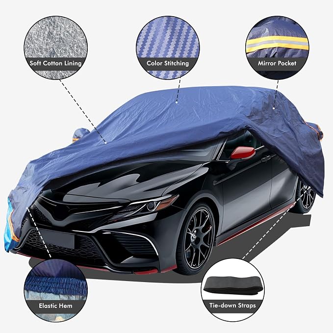 Car Cover Waterproof All Weather, 6 Layers Outdoor Full Exterior Cover Rain Sun UV Snowproof Protection with Zipper Cotton, Mirror Pocket for Toyota Camry