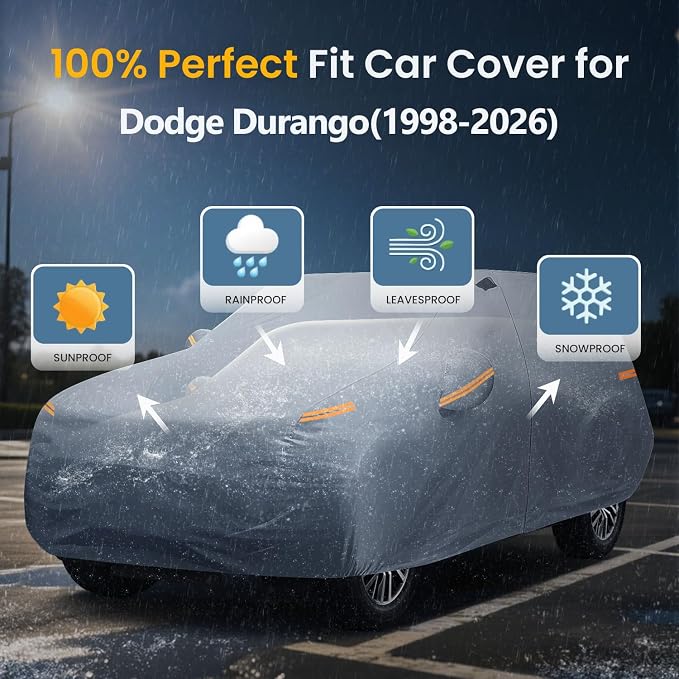 Waterproof Durango(1998-2026) Car Cover with Breathable Vents, [Upgrade] Premium Covers with Cotton Liner and Zipper Door,Sun Rain Snow Dust Uv Protection.(Gift with Towel Storage Bag)