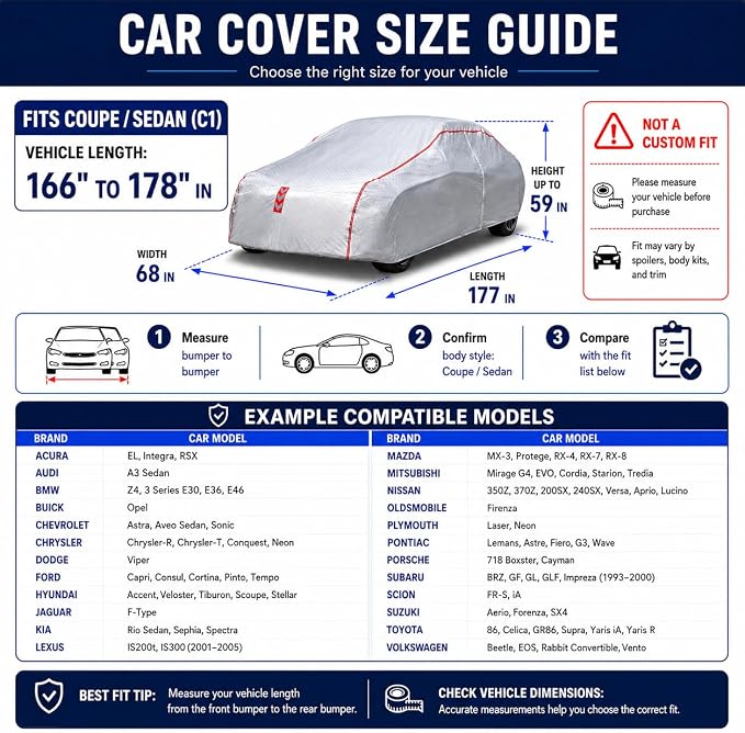 Car Cover for Copue, Waterproof All Weather Heavy Duty, 360° Underbody Wrap Windproof Design, Quick Install Outdoor Vehicle Cover, Fits Copue 166-178 in
