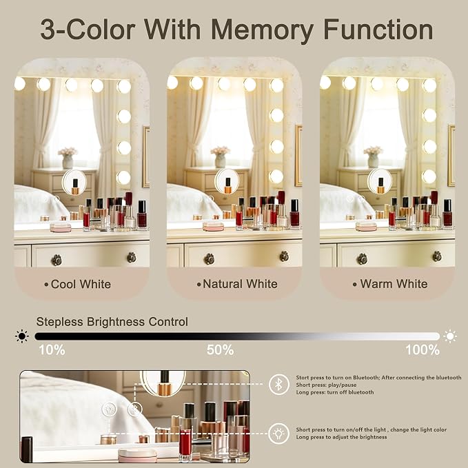Ratsamee Hollywood Vanity Mirror with Lights and Bluetooth Speaker, 15 Dimmable Bulbs, 3 Color Lights,Make Up Lighted Mirror, Aluminum Metal Frame, USB Charging Port（23" x 18"）