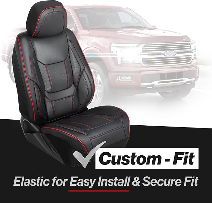 Coverland Custom Truck Car Seat Covers Front Seats for [2020-2026 Jeep Gladiator Crew Cab Split Bench Without Armrest] - Protector Water Resistant Leather [Front - Black with Red Stitching]