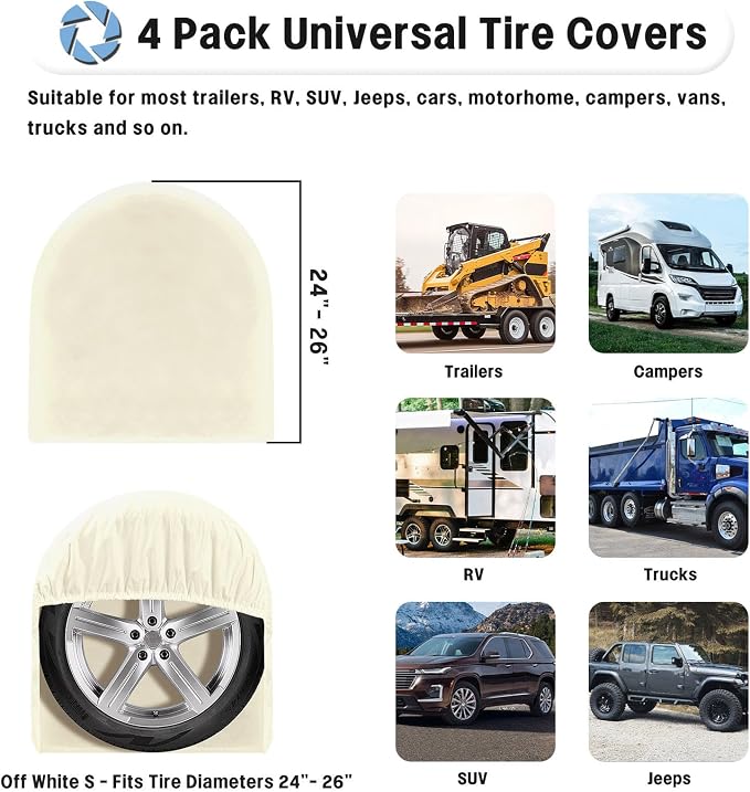 OutdoorLines Waterproof Tire Covers Set of 4 | UV Proof Trailer Wheel Cover for RV Jeep Trailer Camper, Universal Tire Covering Fits Diameters 24"-26", Off White