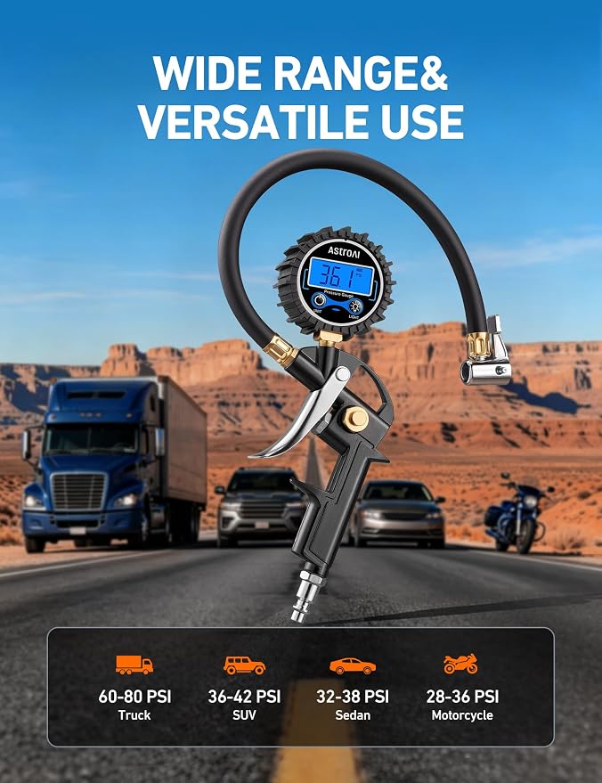 AstroAI Digital Tire Pressure Gauge with Inflator, 3-250PSI Air Compressor Accessories with Heavy Duty Air Chuck Quick Connect Coupler, Fits 1/4" NPT – for Car Truck SUV RV, 1 Pack Compact