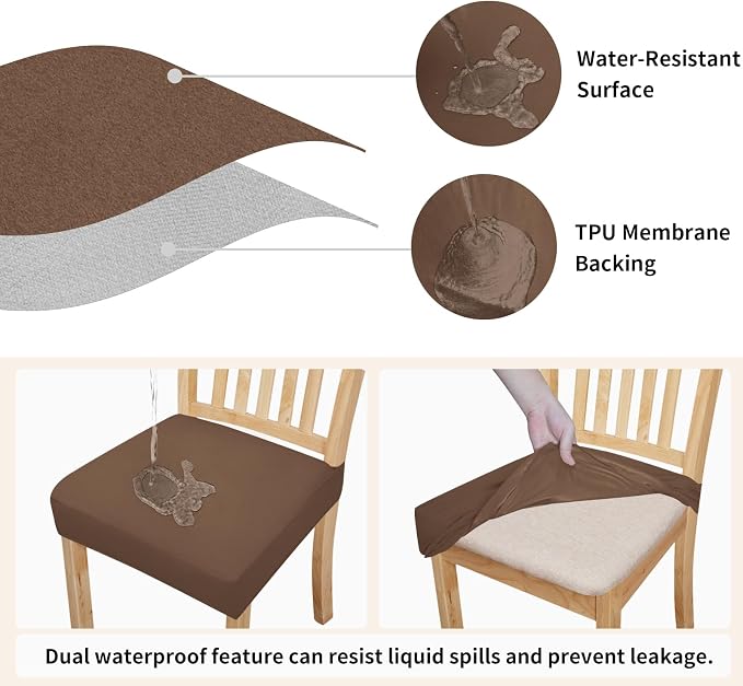 Easy-Going 100% Waterproof Seat Covers for Dining Room Chairs Set of 4, Stretch Chair Seat Slipcovers Protector Removable and Washable Kitchen Dining Chair Covers, Brown
