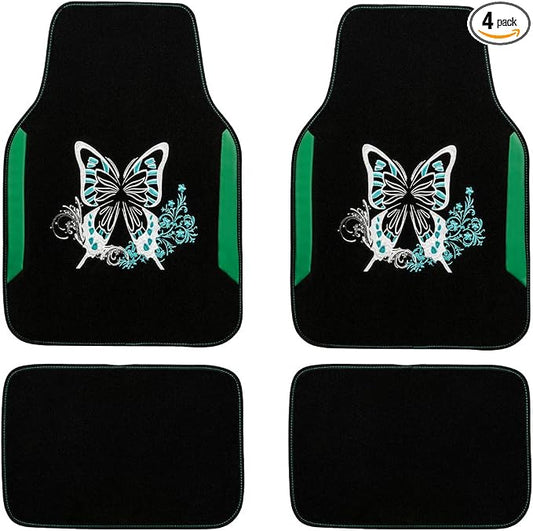 CAR PASS Embroidery Butterfly Car Floor Mats, Green Carpet Floor mats with Heel Pad, Universal Fit for Suvs,Sedans,Trucks,Cars, Set of 4 (Black and Green)