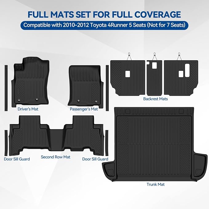 Custom Fit Floor Mats for 2010-2012 Toyota 4Runner 5 Seats | (Not for 7 Seats) All Weather TPE Floor Liners & Trunk Mat & Backrest Mats & Door Sill Guard | Full Set Interior Accessories