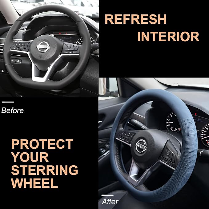 PINCTROT D Shaped Nappa Leather Steering Wheel Cover, Slim Fit No Bulk Design, One Piece Leather with Breathable Perforation, Fit Like Gloves, Flat Bottom 14.5-15 Inch(Nappa Smoky Blue)