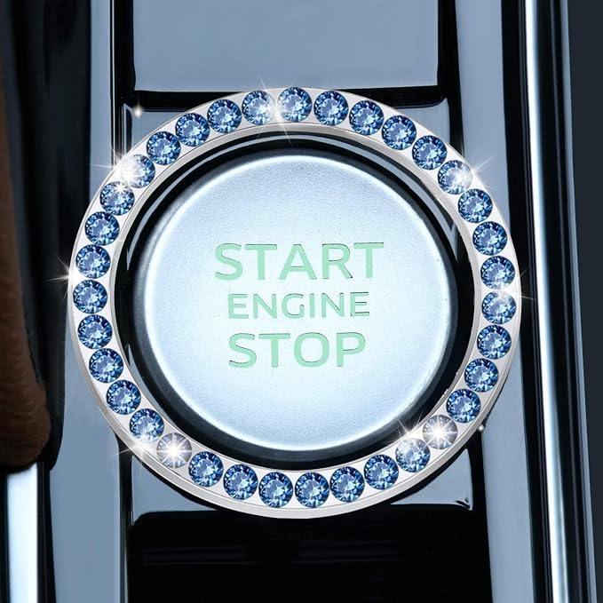 LivTee 2 PCS Crystal Rhinestone Car Engine Start Stop Decoration Ring, Bling Car Interior Accessories for Women, Push to Start Button Cover Sticker, Automotive Decals, Blue