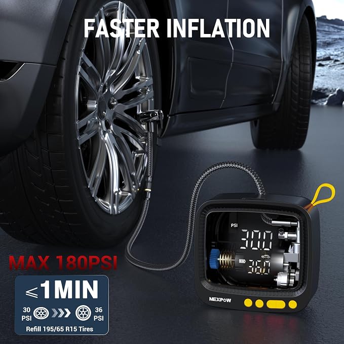 NEXPOW Tire Inflator Portable Air Compressor, Yellow | 180 PSI, Cordless Air Pump for Car Tires, Digital Pressure Gauge & Auto Shut-Off, For Car, Motorcycle, Bicycle, Ball