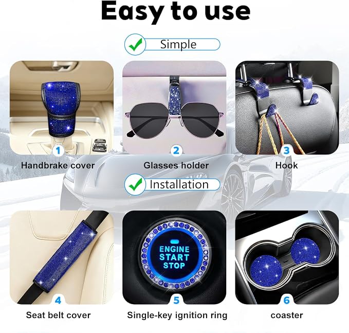 8PCS Bling Car Accessories Set, Sparkly Rhinestone Vehicle Steering Wheel Seat Belt Gear Shift Start Stop Button Cover, Diamond Auto Cup Holder Coaster Decoration, Universal Fit (Blue)