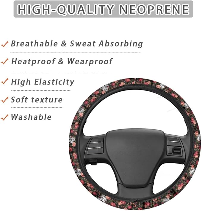 AFPANQZ Auto Steering Wheel Covers Anti-Slip Safety Stretch-on 14-15 inch | Skull Flower Print, Steering Wheel Protector with Cloth for Women Keep Warm Comfort Grip Sweat Absorption Neoprene