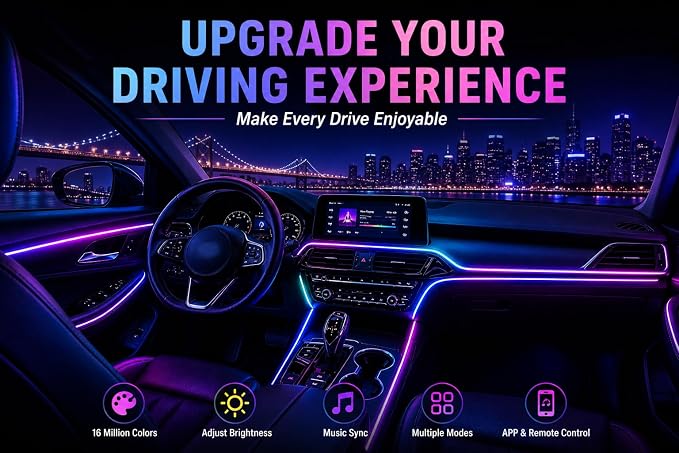 Car Interior Ambient Lighting Kit, Acrylic LED Strip Lights 43.3in 2 in 1, APP & Remote Control, RGB Music Sync Neon Light, USB Powered Flexible Car Lights for Dashboard, Door, Universal Fit