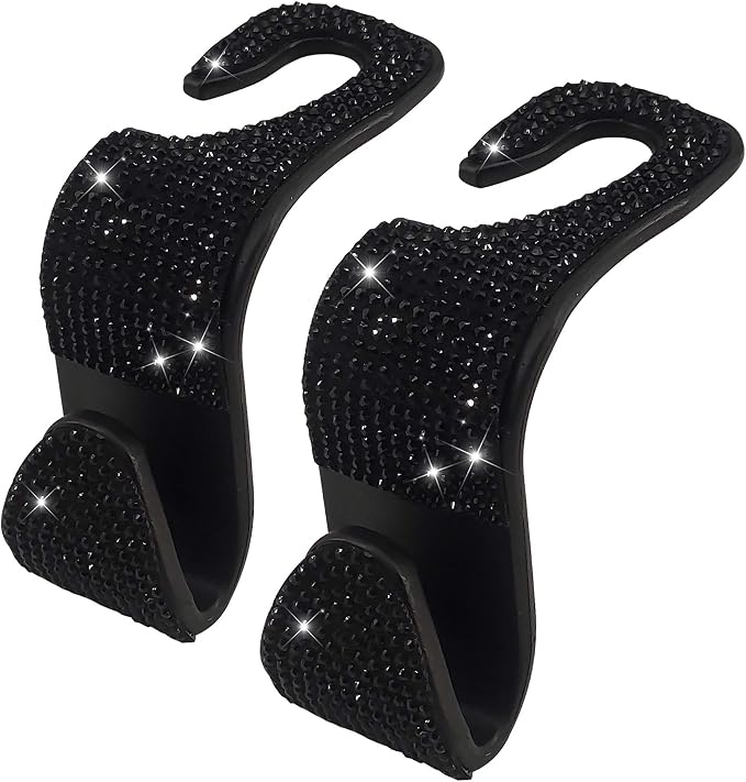 Dermasy® 2 Pack Car Hooks, 2021 New Bling Rhinestones Crystal Hooks Car Decorations Auto Seat Back Organizers Strong and Durable Backseat Hanger Storage Universal for SUV Truck Vehicle (Black)