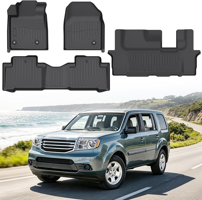 Floor Mats for Honda Pilot 2009-2015 | Heavy Duty TPE All Weather Protection, Waterproof Non-Slip Black Car Liners (Three-Row Floor Mats)
