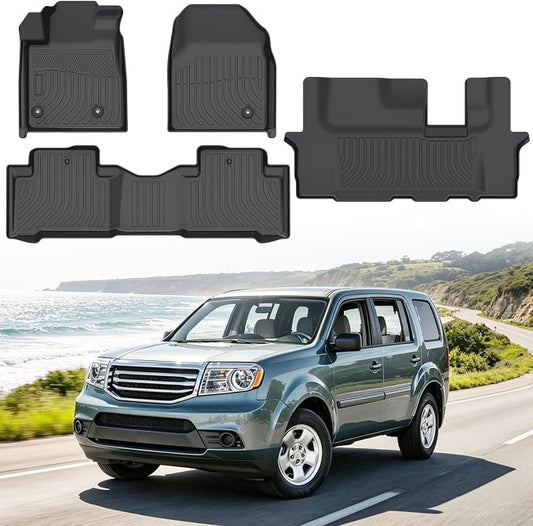 Floor Mats for Honda Pilot 2009-2015 | Heavy Duty TPE All Weather Protection, Waterproof Non-Slip Black Car Liners (Three-Row Floor Mats)