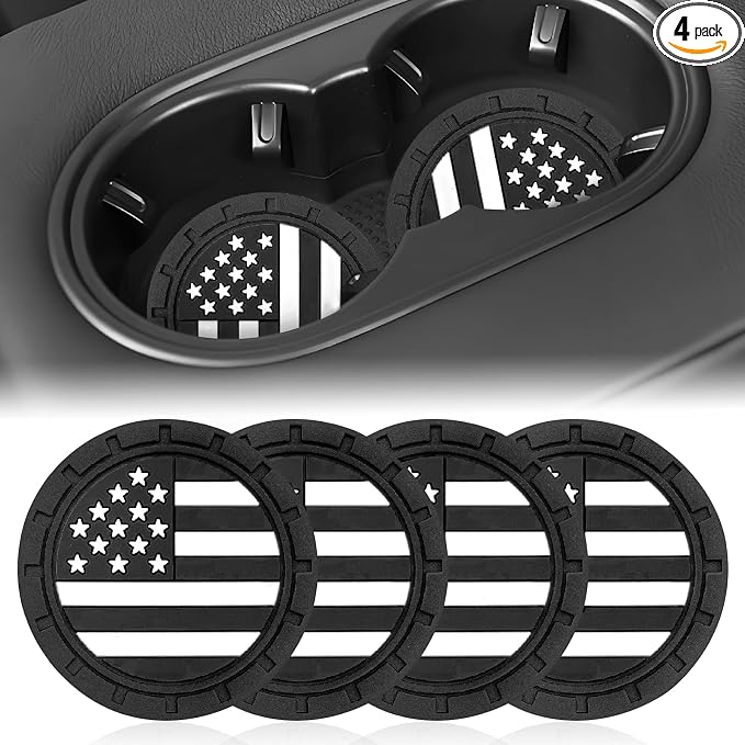 Automotive Universal Car Cup Holder Coasters 4 Pack, Non-Slip Silicone Cup Holder Insert 2.72~2.75 Inch, Anti-Skid Shockproof Drink Mat with Flag Design, Vehicle Interior Accessories Black