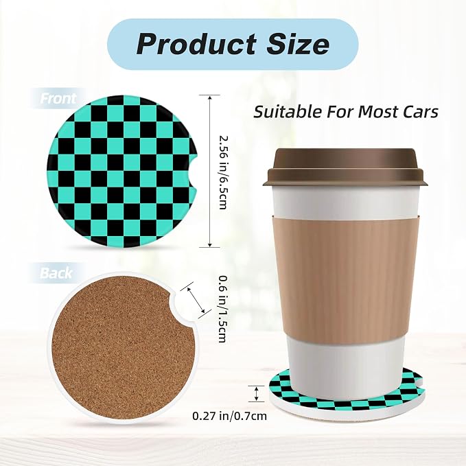 Green and Black Checkered Car Coasters for Cup Holders,2 Pack Car Cup Holder Coasters for Car,Ceramic Absorbent Car Coaster with A Finger Notch and Cork Base,Car Interior Accessories for Women Men